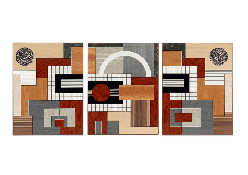 marquetry wall-panels - 'Grid I', 'Arc III', 'Grid II' by Christine Meyer-Eaglestone